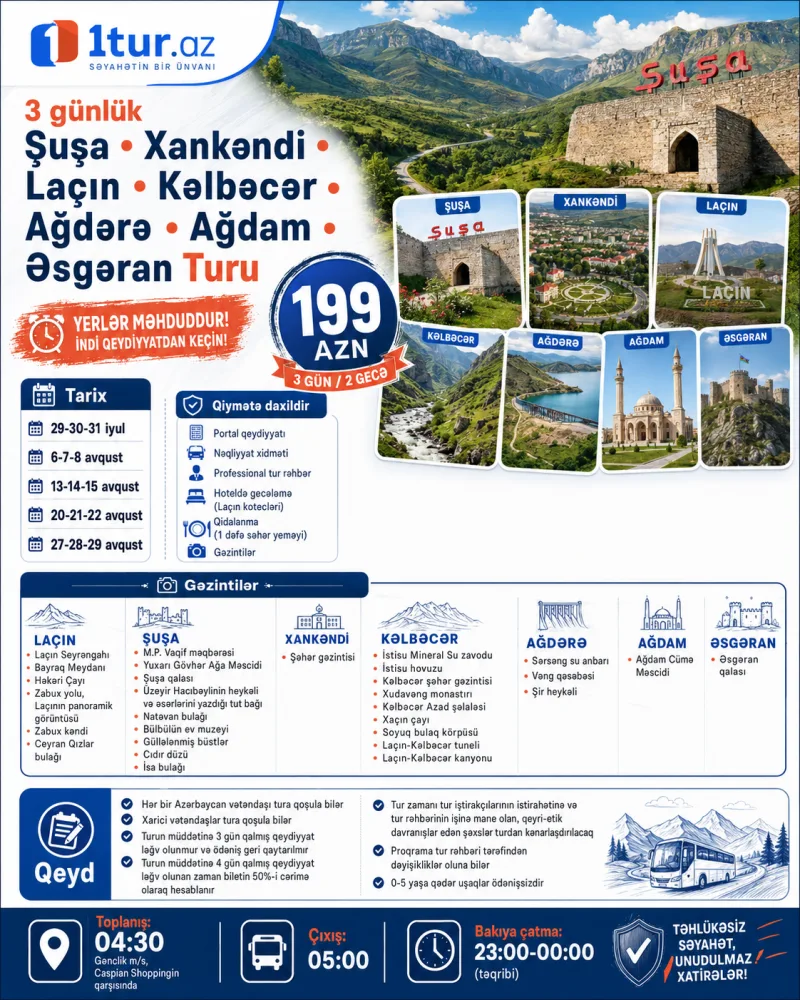 ▪︎ Xankəndi ▪︎ Laçın ▪︎ Kəlbəcər ▪︎ Ağdərə ▪︎ Ağdam ▪︎ Əsgəran Turu